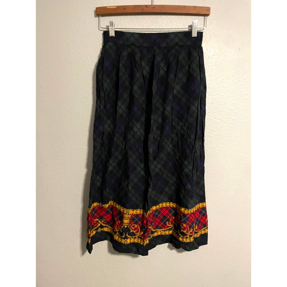 Vintage Womens Skirt Size 10 Green Plaid Baroque Print Pleated Academia 90s